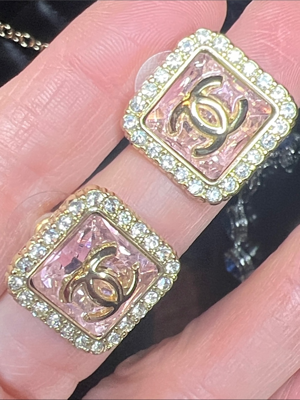 Pink Crystal Square Logo Stud Earrings in Gold Tone